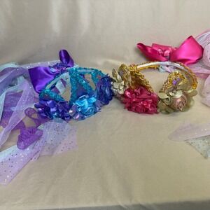Handmade Floral Tiara Headband Set Sequin Tulle Streamers Pink Purple Gold Teal
